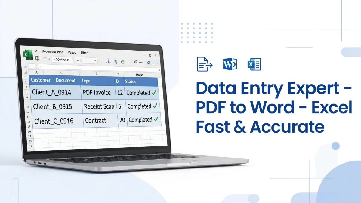 I will do data entry, typing work, pdf to word and excel work fast